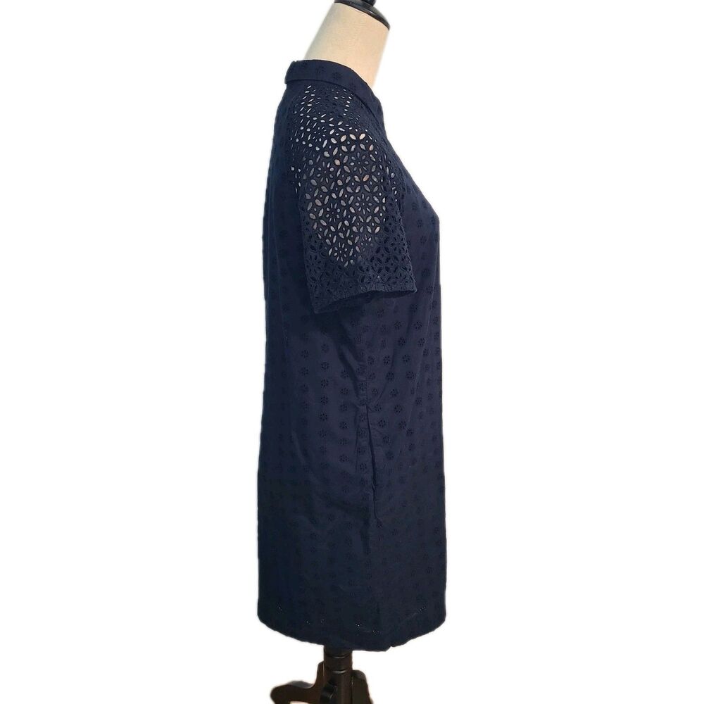 J Crew Navy Blue Eyelet Shirt Lined Dress Pockets SS Sz 8 Nautical Coastal - Picture 5 of 10